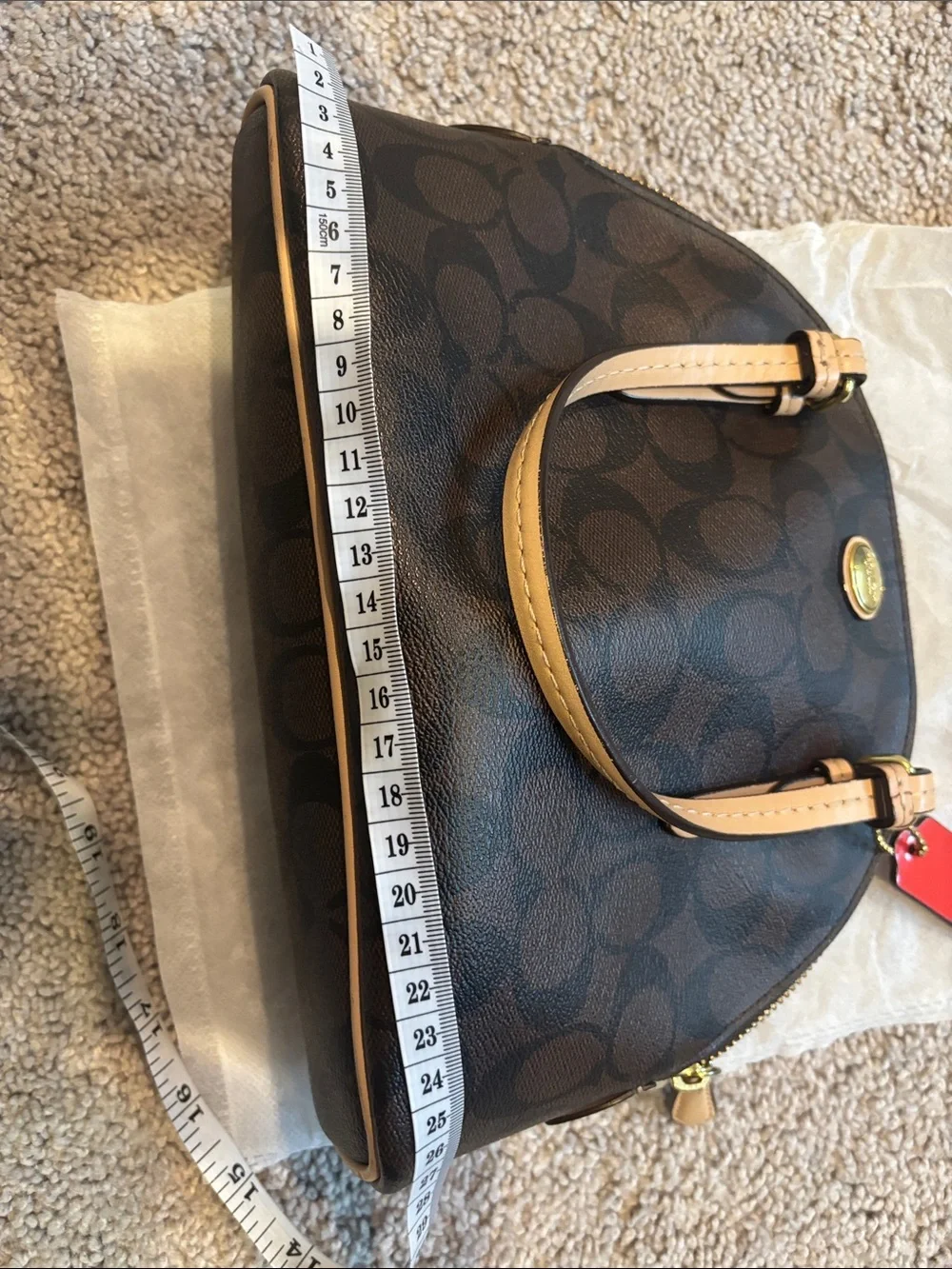 Coach Brown Signature Mini Dome Satchel with Tan Handles and Red Tag